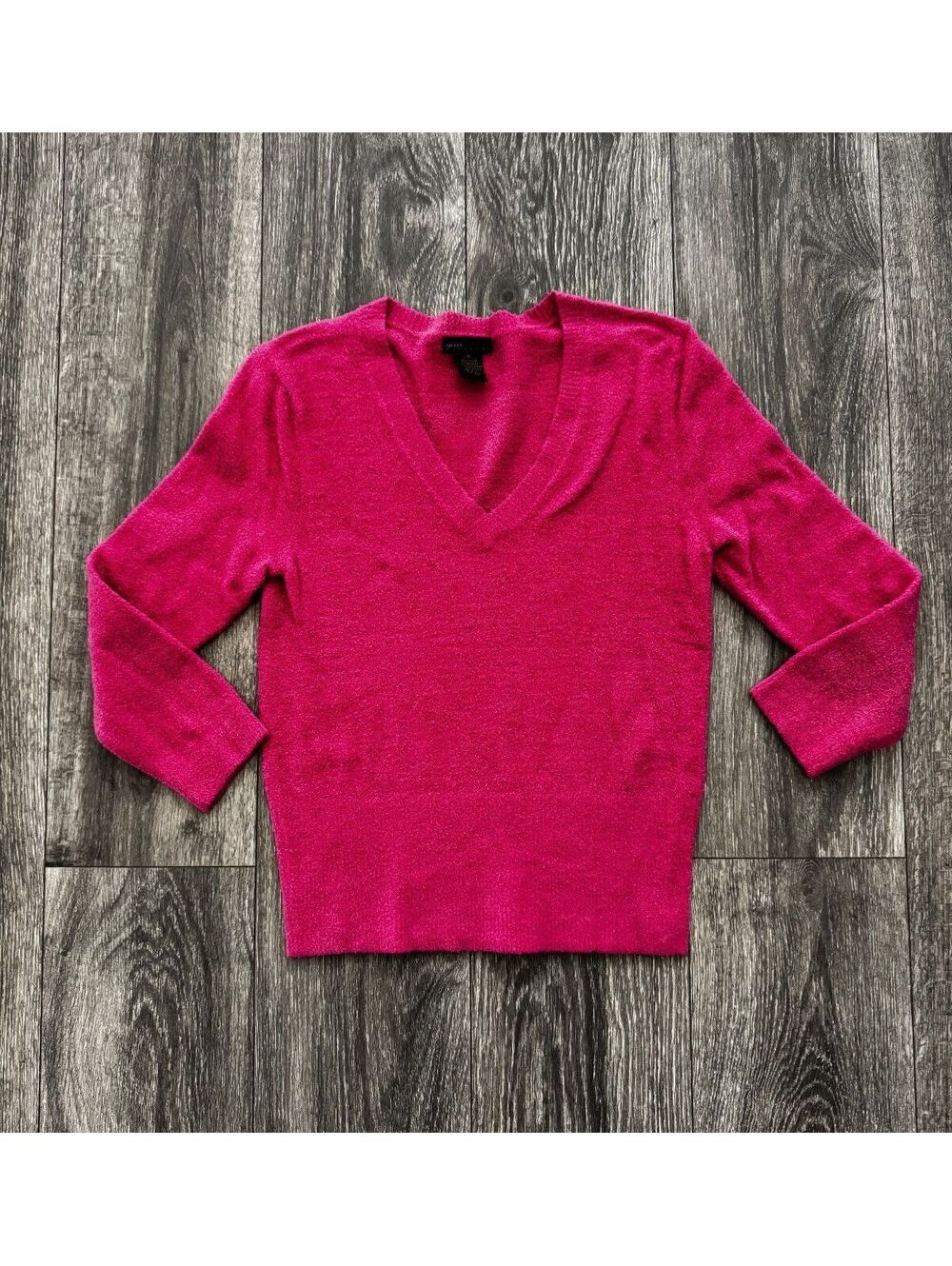 Grace Elements Women’s M Hot Pink Fuzzy V Neck 3/4 Sleeve Textured Sweater